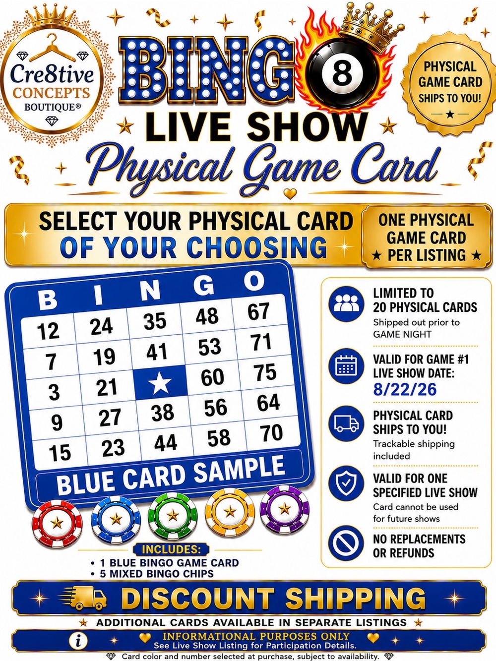 Buy NOW: BLUE BINGO Card plus 5 Colored Chips-Pick One!!